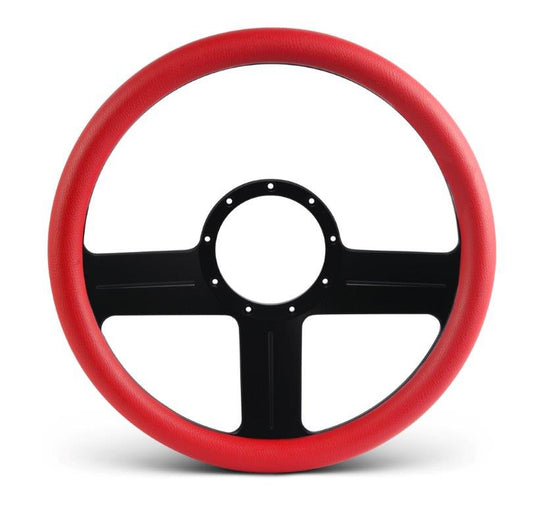 Steering Wheel,G3 style,Aluminum,13 3/4,Half-wrap,Made in the USA,Matte black Fusioncoat spokes,Red grip