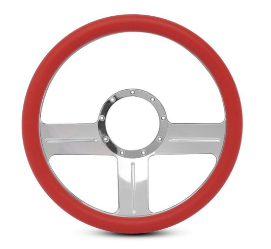 Steering Wheel,G3 style,Aluminum,13 3/4,Half-wrap,Made in the USA,Bright polished spokes,Red grip