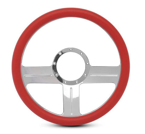 Steering Wheel,G3 style,Aluminum,13 3/4,Half-wrap,Made in the USA,Bright polished spokes,Red grip