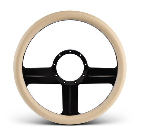 Steering Wheel,G3 style,Aluminum,13 3/4,Half-wrap,Made in the USA,Gloss black anodized spokes,Tan grip