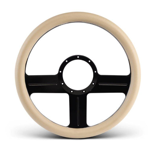 Steering Wheel,G3 style,Aluminum,13 3/4,Half-wrap,Made in the USA,Gloss black Fusioncoat spokes,Tan grip