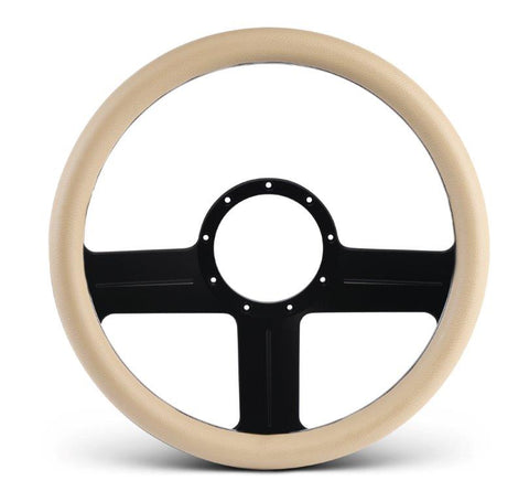 Steering Wheel,G3 style,Aluminum,13 3/4,Half-wrap,Made in the USA,Matte black Fusioncoat spokes,Tan grip