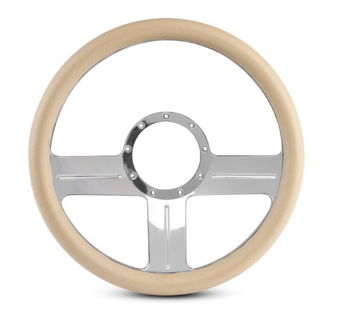 Steering Wheel,G3 style,Aluminum,13 3/4,Half-wrap,Made in the USA,Bright polished spokes,Tan grip