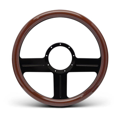 Steering Wheel,Aluminum,13 3/4",Half-wrap,G3 style,Made In USA,Gloss black anodize spokes,Wood grip