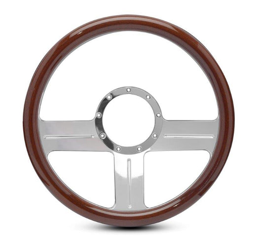 Steering Wheel,Aluminum,13 3/4",Half-wrap,G3 style,Made In USA,Chrome plated spokes,Wood grip