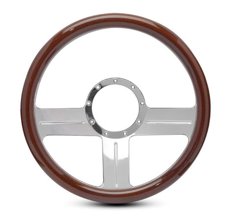 Steering Wheel,Aluminum,13 3/4",Half-wrap,G3 style,Made In USA,Bright polished finish,Wood grip