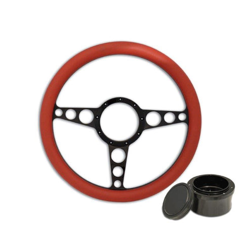 Steering Wheel Kit,Aluminum,13 3/4",Half wrap,Racer,Made In USA,Gloss black Fusioncoat spokes,Red grip,GM Adapter kit