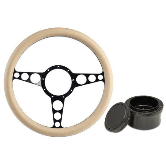 Steering Wheel Kit,Aluminum,13 3/4",Half wrap,Racer,Made In USA,Gloss black Fusioncoat spokes,Tan grip,GM Adapter kit