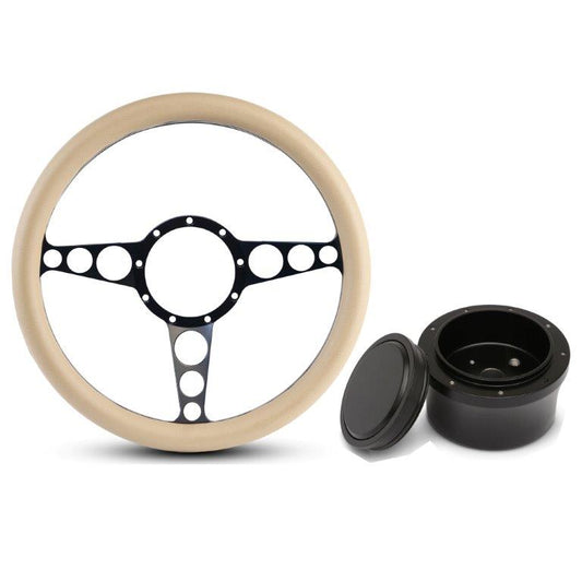 Steering Wheel Kit,Aluminum,13 3/4",Half wrap,Racer,Made In USA,Matte black Fusioncoat spokes,Tan grip,GM Adapter kit