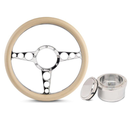 Steering Wheel Kit,Aluminum,13 3/4",Half wrap,Racer,Made In USA,Bright polished spokes,Tan grip,GM Adapter kit