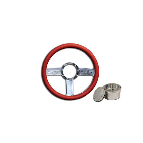 Steering Wheel Kit,Aluminum,13 3/4",Half wrap,SS,Made In USA,Bright polished spokes,Red grip,GM Adapter kit