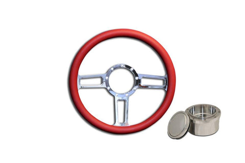 Steering Wheel Kit,Aluminum,13 3/4",Half wrap,Launch,Made In USA,Bright polished spokes,Red grip,GM Adapter kit