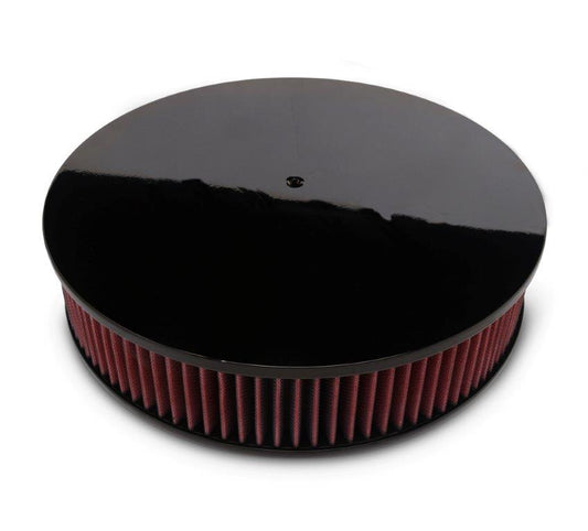 Air Cleaner,Aluminum,4150 Carb,Made In USA,14" Diameter,3" Washable cotton gauze element,Smooth Top,Gloss black anodize