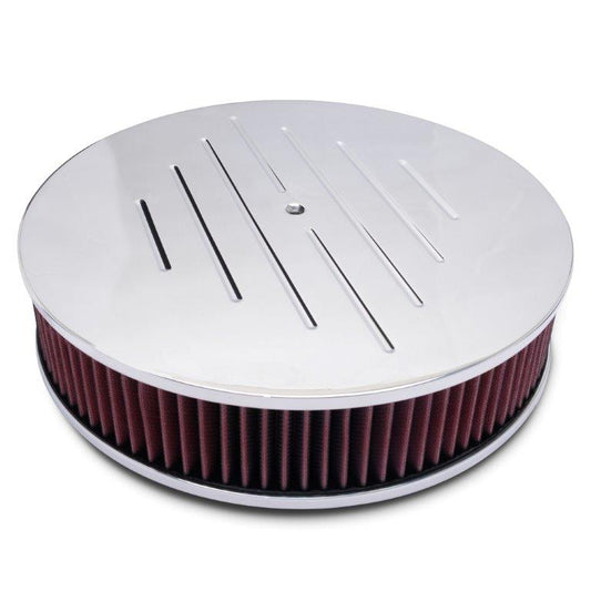 Air Cleaner,Aluminum,4150 Carb,Made In USA,14" Diameter,3" Washable cotton element,Ball Milled Top,Bright protective cle