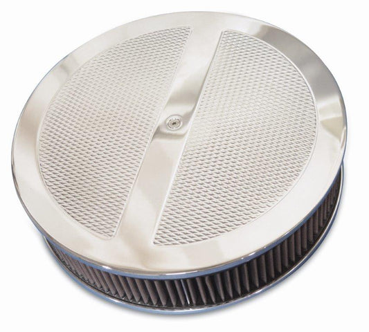 Air Cleaner,Aluminum,4150 Carb,Made In USA,14" with 3" Washable cotton gauze element,Hatch Cut Diamond Top,Bright polish