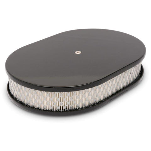 Air Cleaner, Aluminum, 4150 Carb, 15" Oval, 2" White Paper Element, Smooth Top, Gloss black anodized finish"