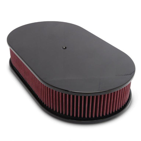 Air Cleaner,Aluminum,4150 Carb,Made In USA,17"Oval,3"red cotton gauze element,Smooth top,Gloss black finish