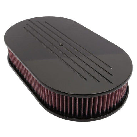 Air Cleaner,Aluminum,4150 Carb,Made In USA,17"Oval,3"red cotton gauze element,Ball milled top,Black anodized