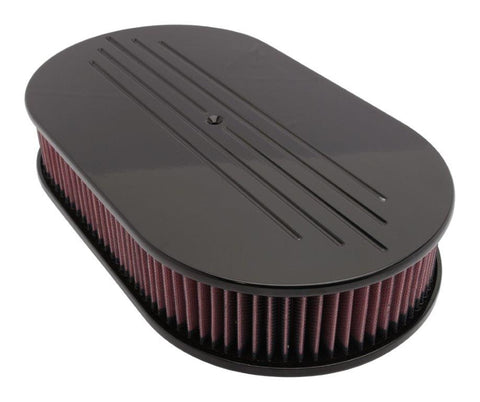 Air Cleaner,Aluminum,4150 Carb,Made In USA,17"Oval,3"red cotton gauze element,Ball milled top,Gloss black