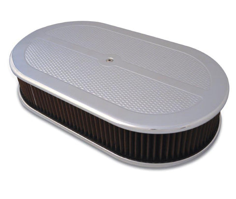 Air Cleaner,Aluminum,4150 Carb,Made In USA,17"Oval,3"red cotton gauze element,Diamond top,Clear coat finish