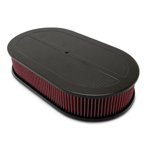 Air Cleaner,Aluminum,4150 Carb,Made In USA,17"Oval,3"red cotton gauze element,Diamond top,Matte black finish