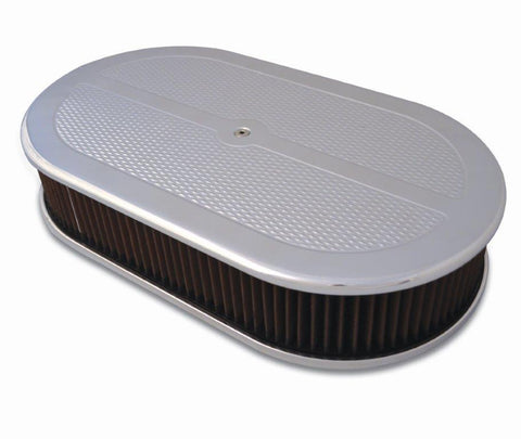Air Cleaner,Aluminum,4150 Carb,Made In USA,17"Oval,3"red cotton gauze element,Diamond top,Bright polished finish