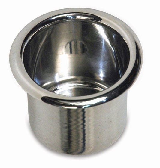 Drink Holder, Spun Aluminum, Medium, Fits In 3-3/8" Hole, 3" Deep, 4-3/16" Flange, Bright protective clear coat finish"