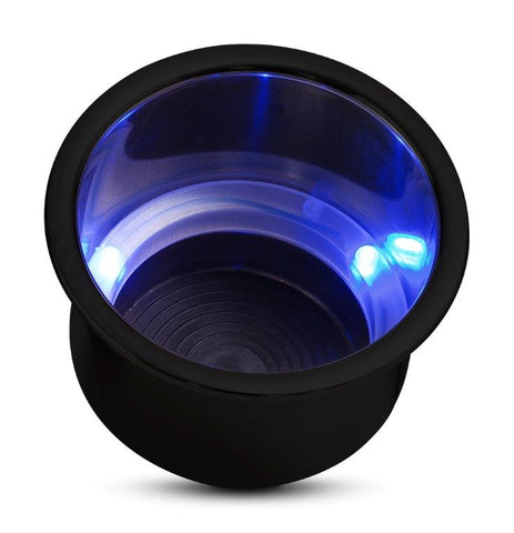 Drink Holder,Stainless steel,Blue LED lights,Fits in 3-5/8" hole,3-3/16" deep,4-1/4" flange,Gloss black