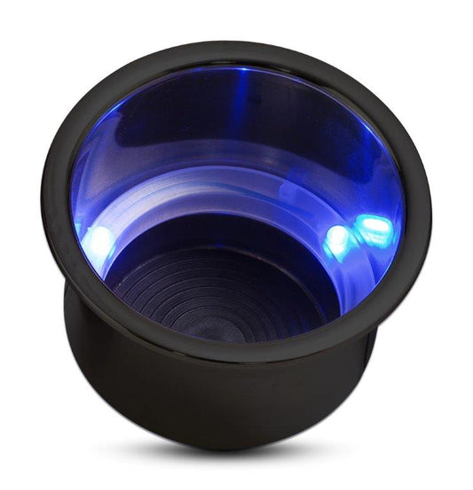 Drink Holder,Stainless steel,Blue LED lights,Fits in 3-5/8" hole,3-3/16" deep,4-1/4" flange,Matte black