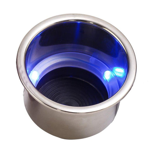 Drink Holder,Stainless steel,Blue LED lights,Fits in 3-5/8" hole,3-3/16" deep,4-1/4" flange,Polished