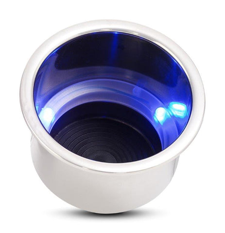 Drink Holder,Stainless steel,Blue LED lights,Fits in 3-5/8" hole,3-3/16" deep,4-1/4" flange,White