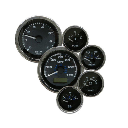 Elite Gauge Kit,Black face,Polished rim,GPS Speedo,Tach,Oil pressure,Water temp,Volt,Senders,Universal fuel