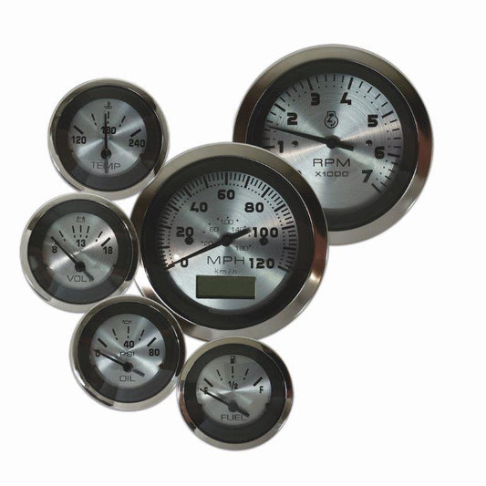 Elite Gauge Kit,Platinum face,Polished rim,GPS Speedo,Tach,Oil pressure,Water temp,Volt,Senders,Universal fuel