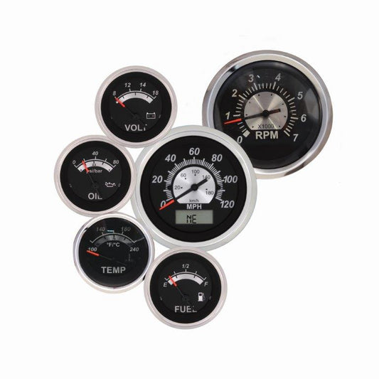 Elite Gauge Kit,Vintage black face,Polished rim,GPS Speedo,Tach,Oil pressure,Water temp,Volt,Fuel,Senders