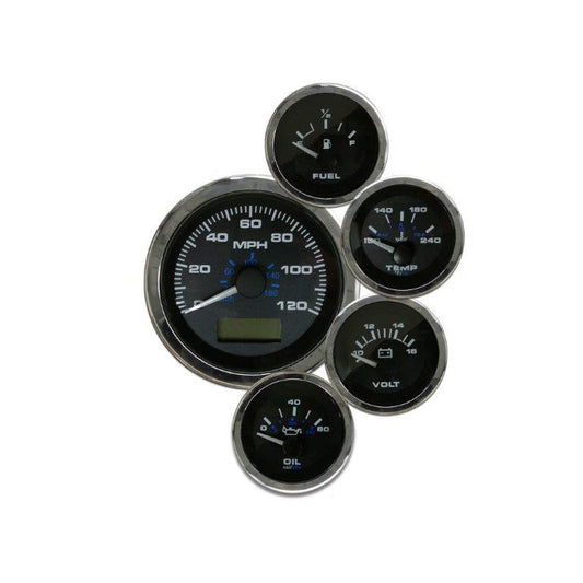 Elite Gauge Kit,Black face,Polished rim,GPS Speedo,Oil pressure,Water temp,Volt,Senders,Universal fuel level