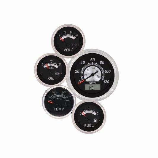 Elite Gauge Kit,Vintage black face,Polished rim,GPS Speedo,Oil pressure,Water temp,Volt,Senders,Universal fuel