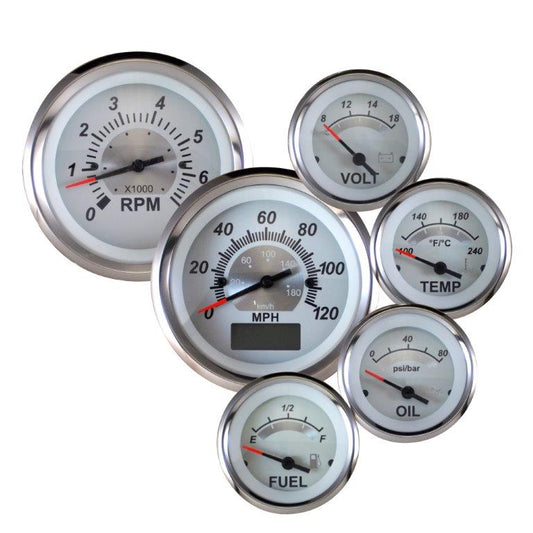 Elite Gauge Kit,Vintage white face,Polished rim,GPS Speedo,Tach,Oil pressure,Water temp,Volt,Senders,GM fuel