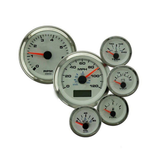 Elite Gauge Kit,White face,Polished rim,GPS Speedo,Tach,Oil pressure,Water temp,Volt,Senders,Ford fuel level