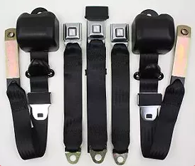 Direct Fit Retractable 3 Point Belts  - (308) Starburst Buckle - NO Hardware - Bench Seat Application - Includes Center Lap - Front Applications- GM Metal Push Button Buckle Standard - Black - Sold in Pairs - 1982-1988 Fitment:  G-Body