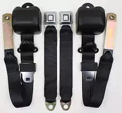 Direct Fit Retractable 3 Point Belts  - (308) Starburst Buckle - NO Hardware - Bucket Seat Application - Front Applications- GM Metal Push Button Buckle Standard - Black - Sold in Pairs - 1982-1988 Fitment:  G-Body